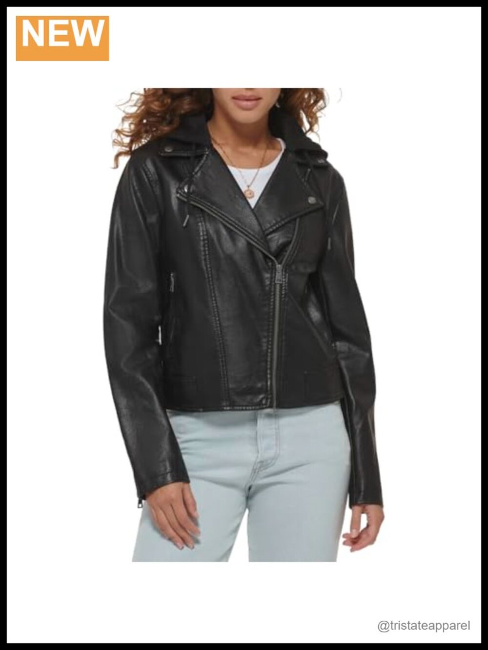 Faux Leather Motorcycle Jacket with Asymmetrical Zipper, Snap Lapels, Epaulettes
